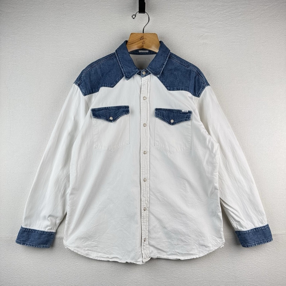 Mother Denim Tycoon TwoTone Western Shirt White Denim Pearl Snap Women's L *Read